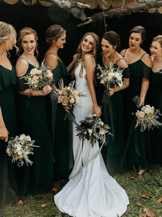 Colorful V-neck Spaghetti Strap Off Shoulder Chiffon Long Bridesmaid Dress, BD3031