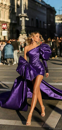 Deep Purple One-shoulder Sexy Bubble Sleeve With Tail Mermaid Long Prom Dress, PD3231