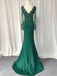 Elegant Navy Blue, Emerald Green V-neck Lace Top Mermaid Long Prom Dress, PD3336