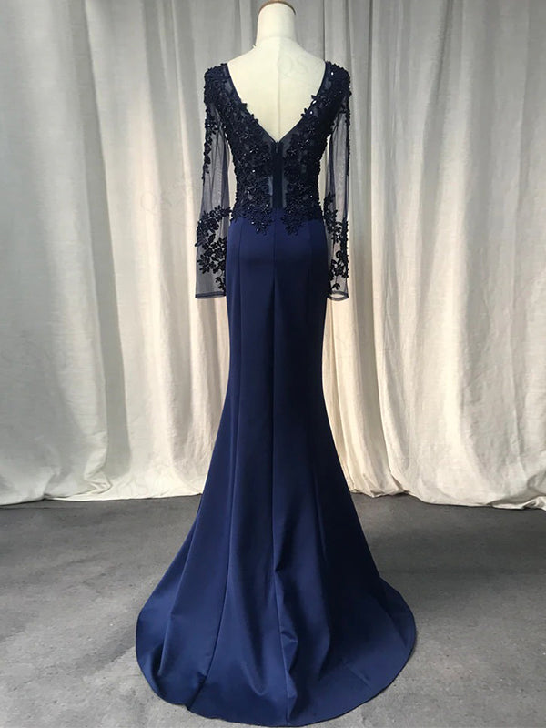 Elegant Navy Blue, Emerald Green V-neck Lace Top Mermaid Long Prom Dress, PD3336