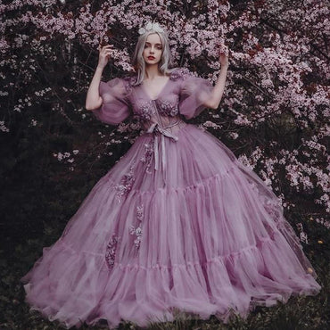 Elegant Lavender V-neck Half-sleeve Tulle A-line Long Prom Dress, PD3225