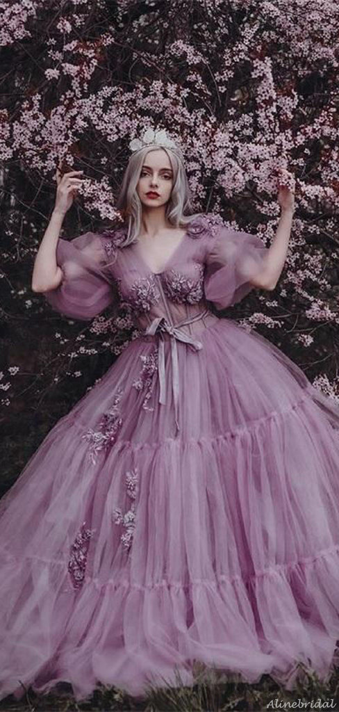 Elegant Lavender V-neck Half-sleeve Tulle A-line Long Prom Dress, PD3225