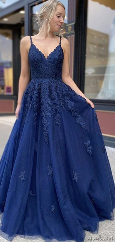 Elegant Navy Blue Lace Spaghetti Strap V-neck A-line Long Prom Dress, PD3140