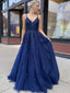 Elegant Navy Blue Lace Spaghetti Strap V-neck A-line Long Prom Dress, PD3140