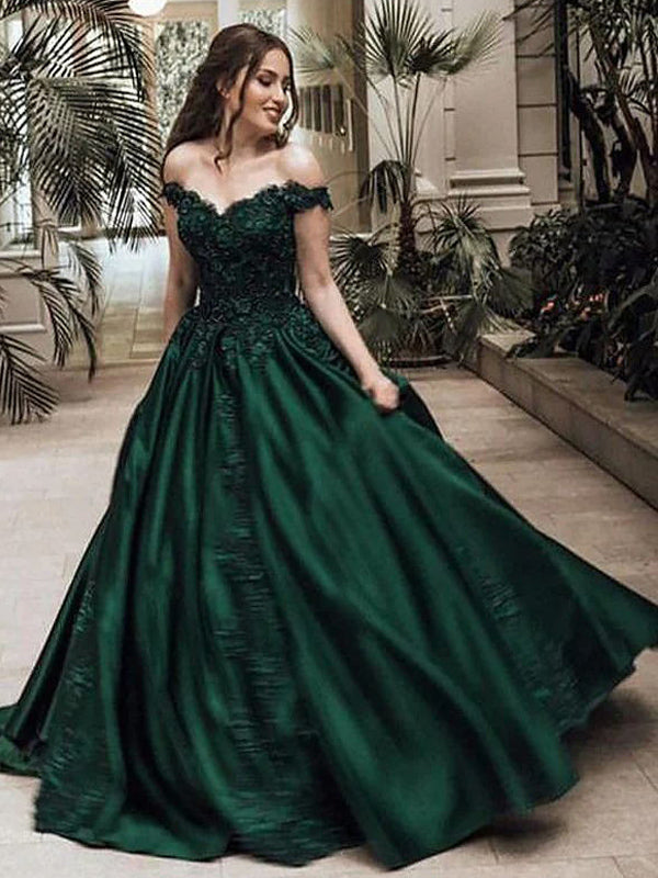 Emerald Green Off-shoulder Lace Top A-line Long Prom Dress, PD3151