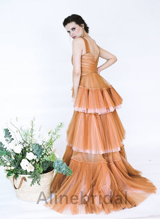 Elegant Orange Off the Shoulder Sleeveless A-line Layered Tulle Prom Dress, PD3600