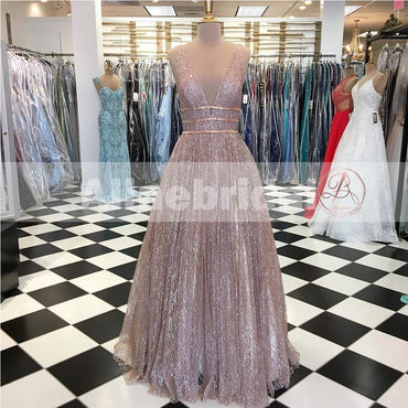 Fashion Sparkly Sequin V-neck Sleeveless A-line Prom Dresses, PD00086