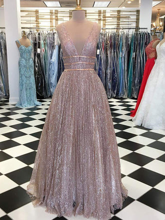 Fashion Sparkly Sequin V-neck Sleeveless A-line Prom Dresses, PD00086