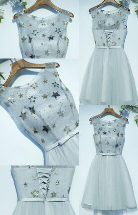 Cute Lovely Sleeveless Scoop Neckline Bow Lace Up Back Star Appliques Sequins Beads Homecoming Dresses,BD00204