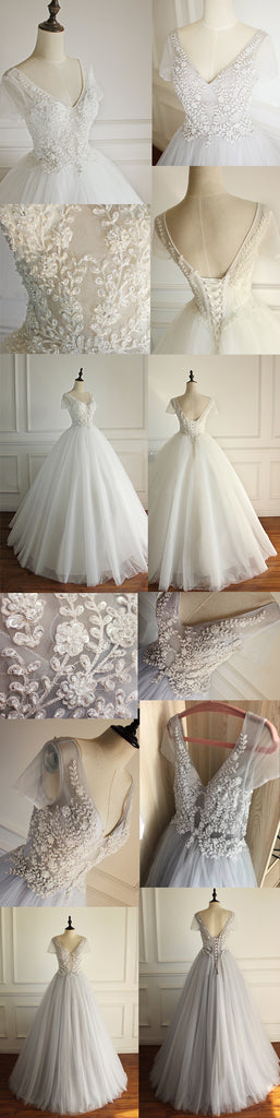 Elegant A-line Short Illusion Sleeve Appliques Rhinestone Lace Up Back Floor Length  Wedding Dress, AB1095