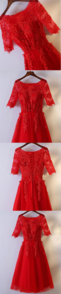 Half Sleeve Scoop Neckline Red Lace Appliques Sequins Tea-Length Homecoming Dresses,BD00209