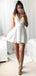 Fashion V Neck Criss Cross White Lace A Line Short Homecoming Dresses, BTW290