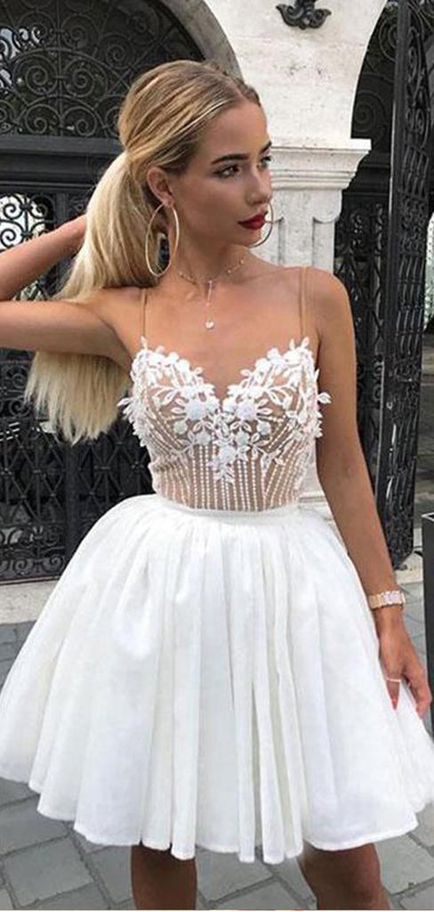 Pretty Spaghetti Strap Lace Appliique A Line Short Homecoming Dress, BTW289