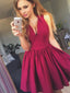 Modern Rose Red V Neck Satin A Line Short Homecoming Dresses, BTW294