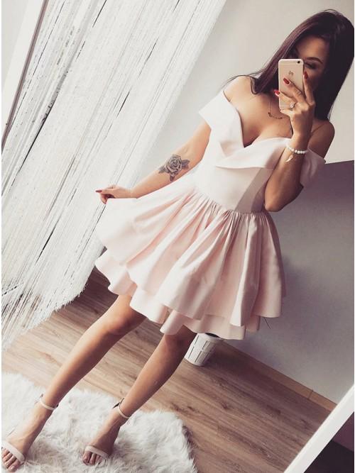 Sexy Off The Shoulder V Neck Satin A Line Short Homecoming Dresses, BTW295