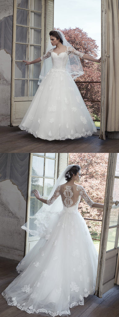 Vintage Lace Yarn Appliques Back Half Sleeve Sweetheart Ball Gown Wedding Dress, AB1111