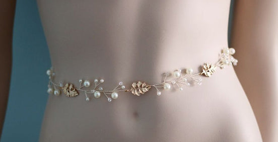 Bridal Sash Belt , Wedding Sash Belt , Golden Leaf Rhinestone Sash Belt , Pearl Wedding Sash, SA0032