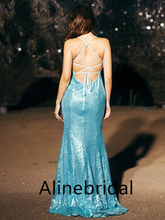 Elegant Blue V-neck Sleeveless Mermaid Long Prom Dress, PD3551