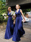 Modest Royal Blue V-neck Pleats A-line Long Bridesmaid Dress, WG73