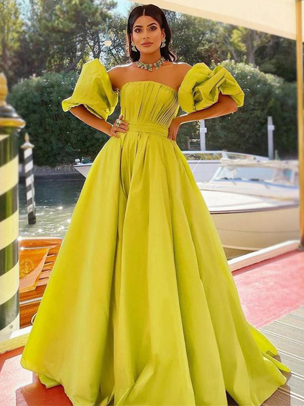 Mustard Green Strapless Pleats A-line With Sleeves Long Prom Dress Gown, PD3341