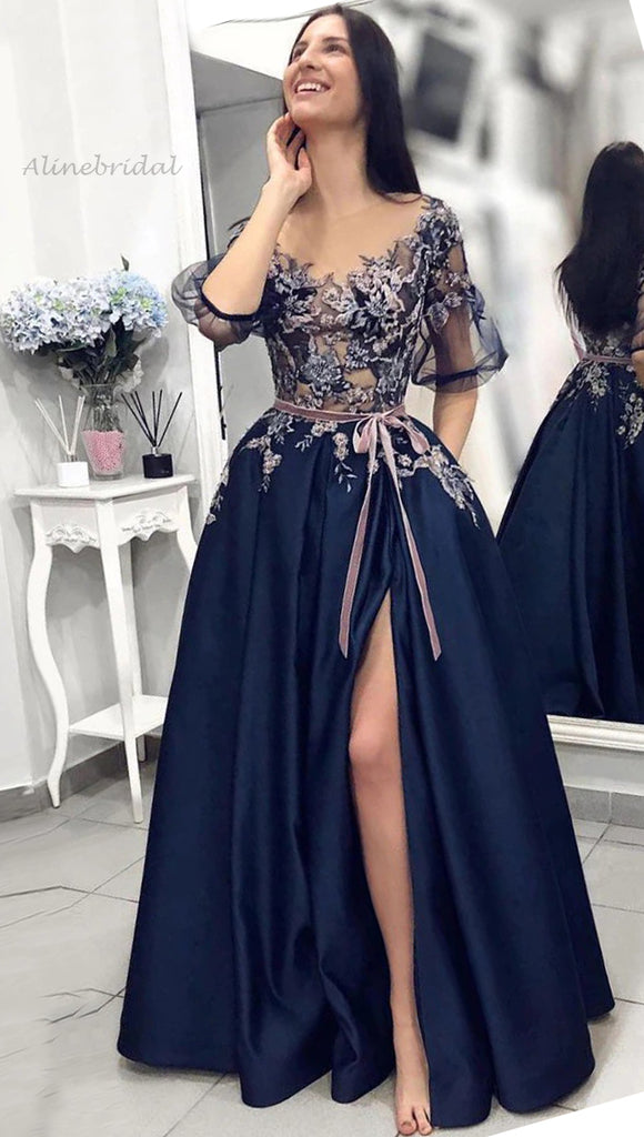 Navy Blue Elegant Illusion Lace Top Half-sleeves A-line Side-slit Long Prom Dress, PD3310