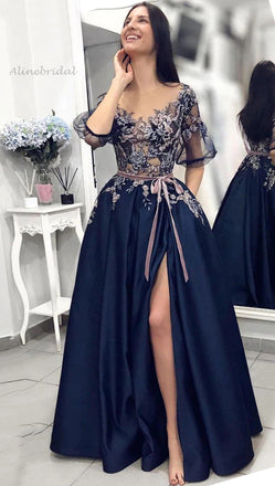 Navy Blue Floral Half-sleeves A-line Long Evening Dress with Slit, PD3310
