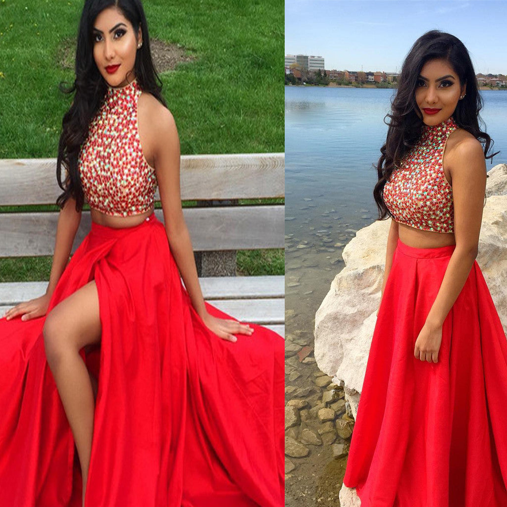 Long Two Pieces Halter A-line Red With Side Slit Charming Evening Prom Gown Dress.  PD0206