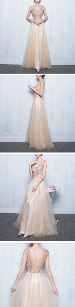 Long A-line Sleeveless V-neck Pretty Lace Appliques Beading Sequins Prom Dresses,PD00007