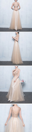 Long A-line Sleeveless V-neck Pretty Lace Appliques Beading Sequins Prom Dresses,PD00007
