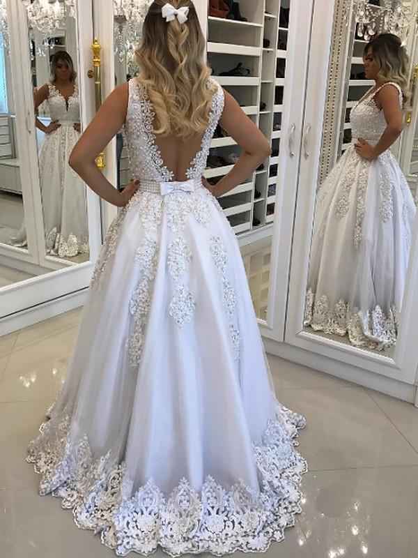 Elegant White Lace Applique V Back A Line Long Evening Prom Dresses, PD0010