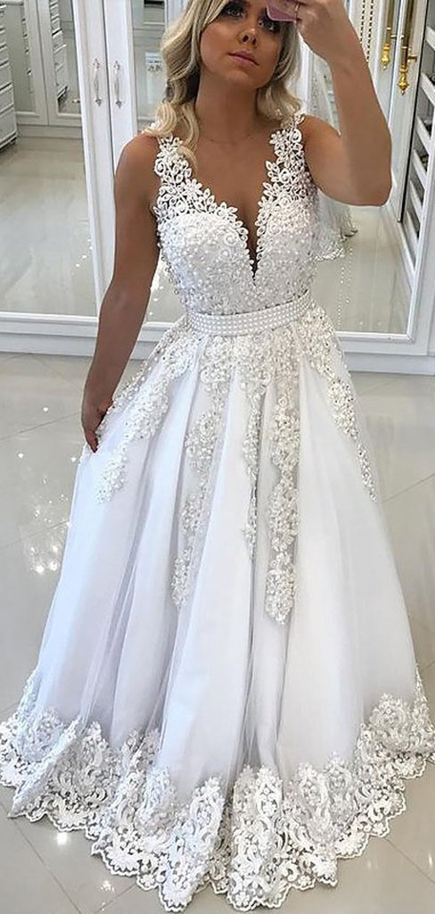 Elegant White Lace Applique V Back A Line Long Evening Prom Dresses, PD0010