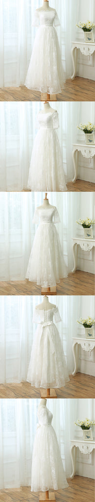 Off Shoulder Sabrina Neck Full Lace Half Sleeve Elegant Ankle-Length Wedding Dress, AB1102