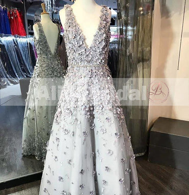 Light Grey Handmade Flowers V-neck V-back With Beaded Prom Dresses,PD00068