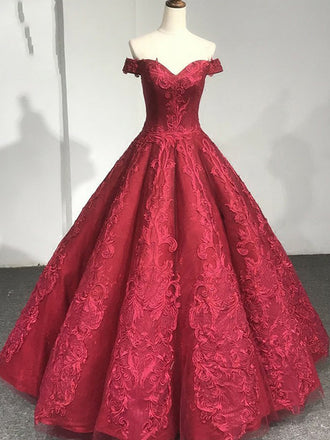 Red Lace Off The Shoulder Princess Ball Gown Gorgeous Prom Dresses ,PD00093