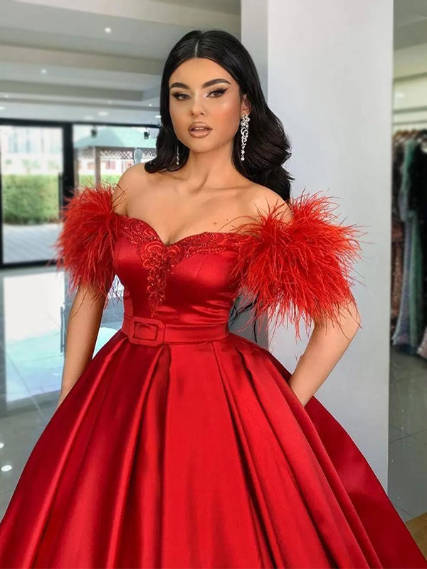 Red Elegant Formal Off-shoulder Feather Top A-line Long Prom Dress, PD3325