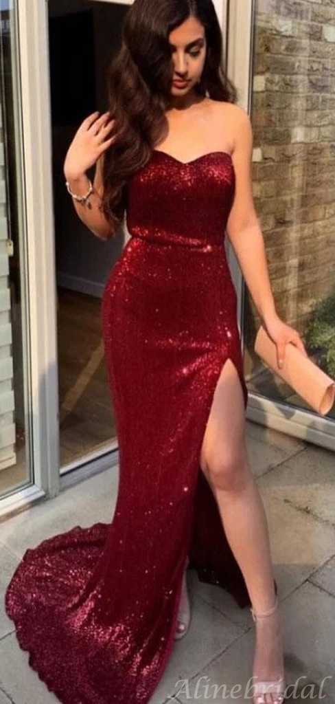 Sexy Burgundy Strapless Sweetheart Side-slit Mermaid Long Prom Party Dress, PD3105