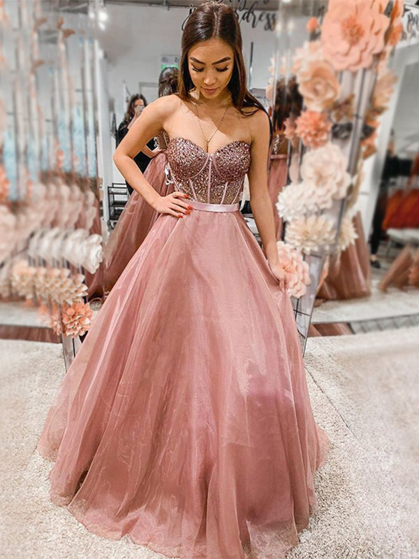 Sexy Dusty Rose Swwetheart Strapless Sparkly Top A-line Long Prom Dress, PD3317