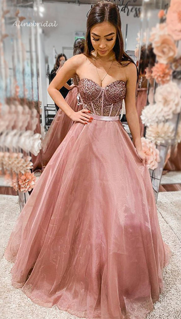 Sexy Dusty Rose Swwetheart Strapless Sparkly Top A-line Long Prom Dress, PD3317