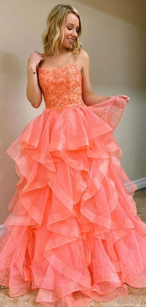 Sexy Hot Pink Coral Spaghetti Strap Backless Lace Top Ruffle Long Prom Dress, PD3170