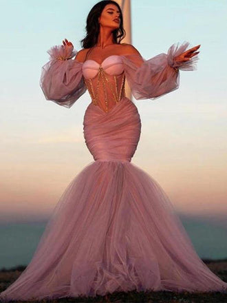 Sexy Pink Custom Corset Top Tulle Sweetheart Off-shoulder Long Prom Dress, PD3232