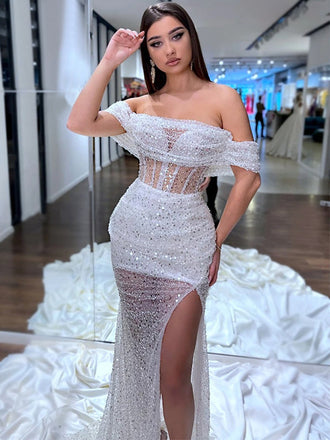 Sexy Sparkly White Off the Shoulder Side-Slit Mermaid Long Prom Dress, Evening Dress, PD3501