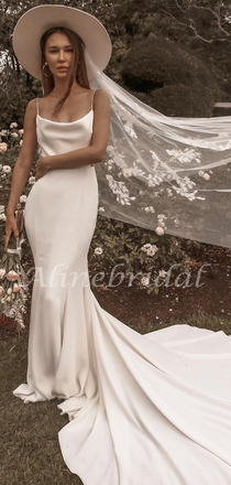 Mermaid Spaghetti Strap Backless Long Wedding Dress, WD3025