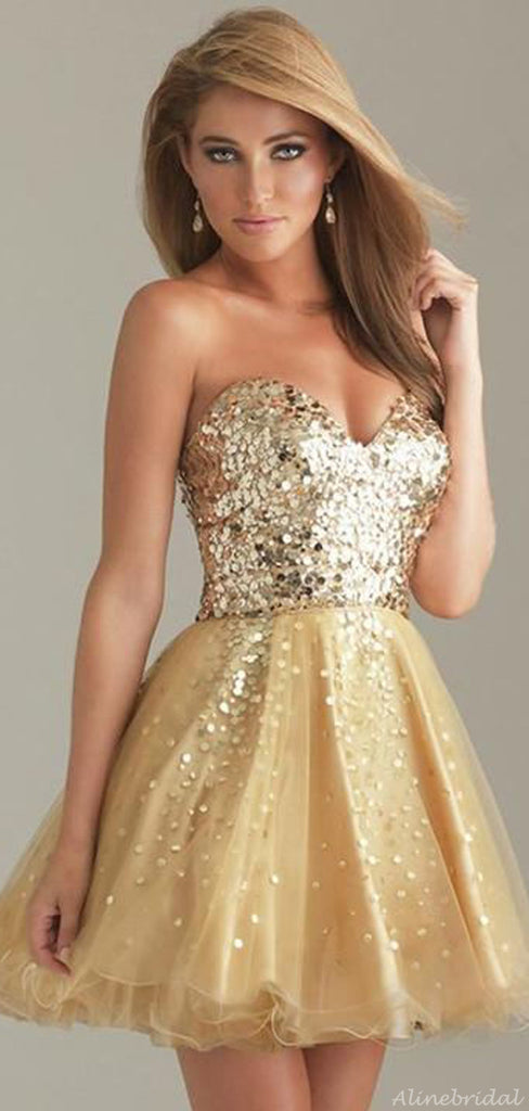 Sparkly Sweetheart Strapless Gold A-line Tulle Short Homecoming Dress, HD3035