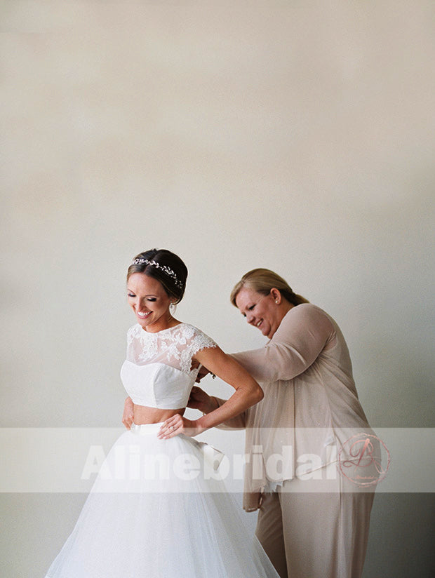 New Arrival Two Piece Short Sleeves Round Neck Ivory Lace Tulle  Wedding Dresses, AB1139